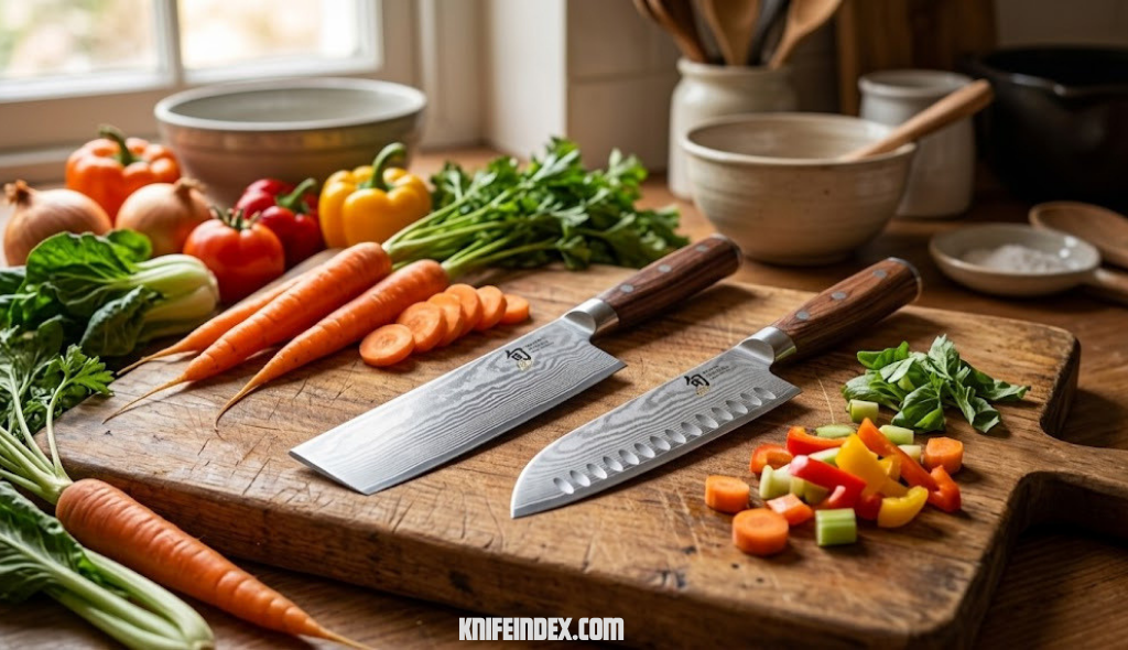 Nakiri and santoku knives side by side on a wooden cutting board with fresh vegetables
