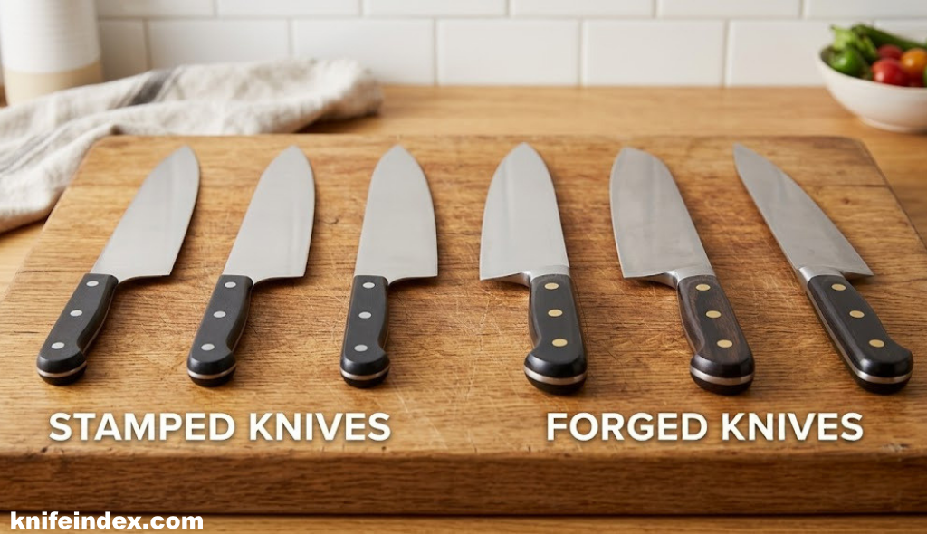 Row of finished kitchen knives showing forged and stamped blade profiles side by side