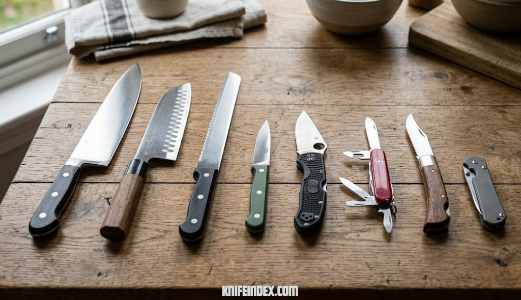 Several kitchen and pocket knives arranged on a wooden table showing different blade shapes