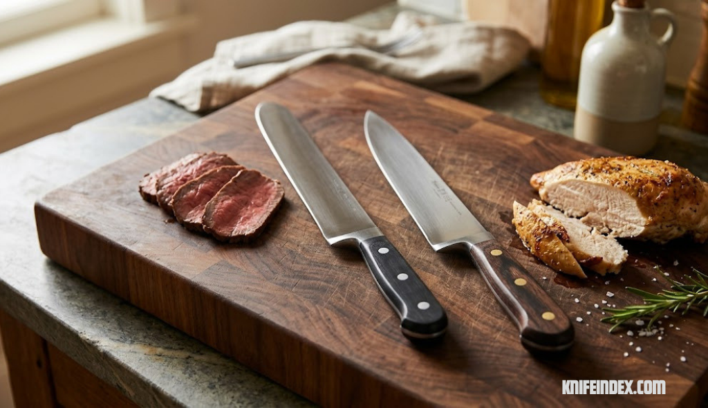 Slicing knife and carving knife side by side on a cutting board