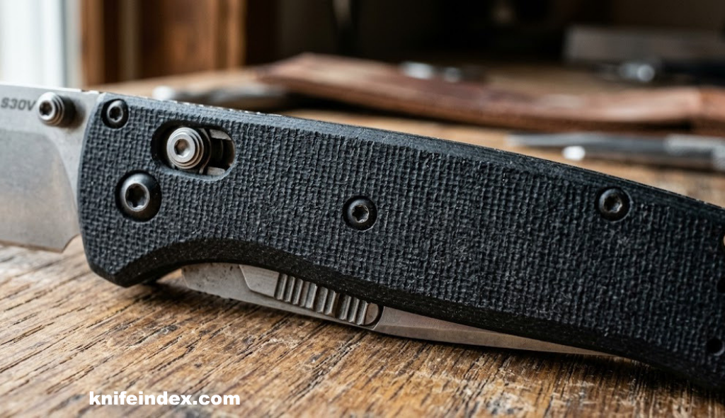 Textured black G-10 knife handle scales close up