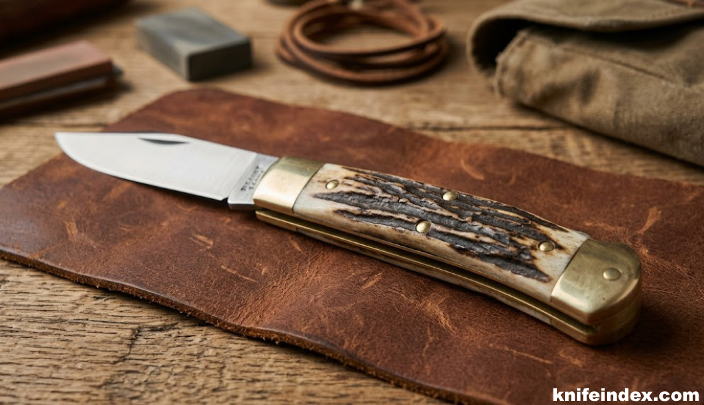 Traditional folding knife with stag bone handle scales