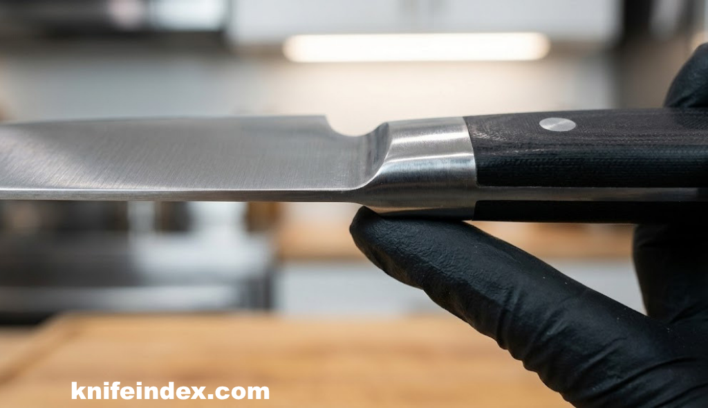 Close-up of a chef knife bolster showing the pivot point used to test balance