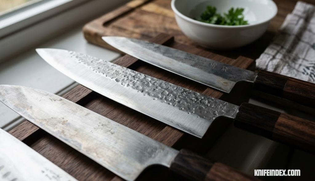Close-up of kitchen knife blades showing steel texture