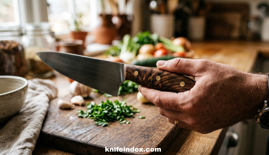 Rich walnut wood knife handle with visible grain