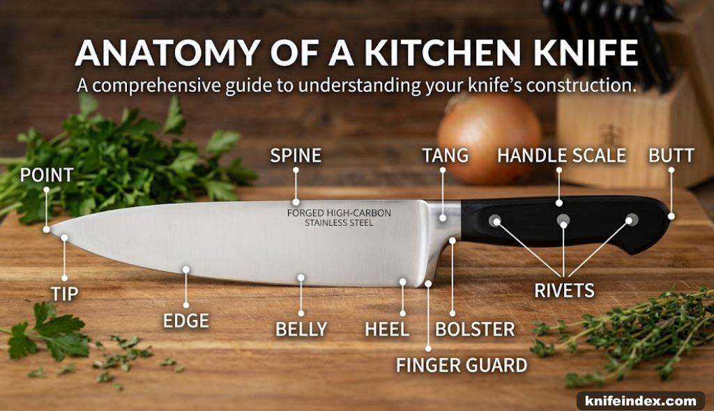 Anatomy of a kitchen knife with labeled parts