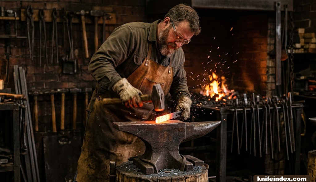 Bladesmith forging a red-hot steel blank on an anvil