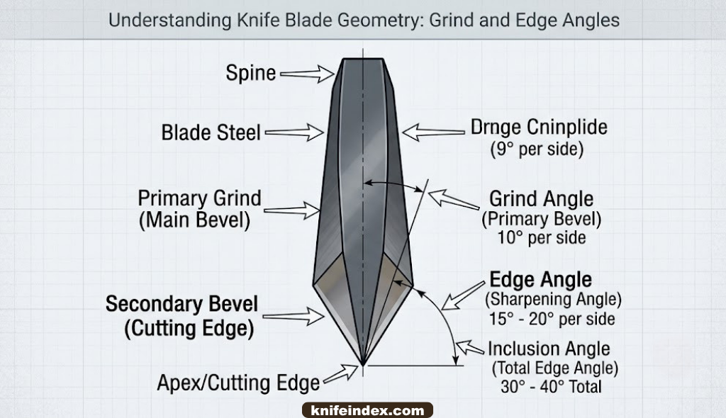 Close-up cross-section illustration of a knife blade edge showing grind angle