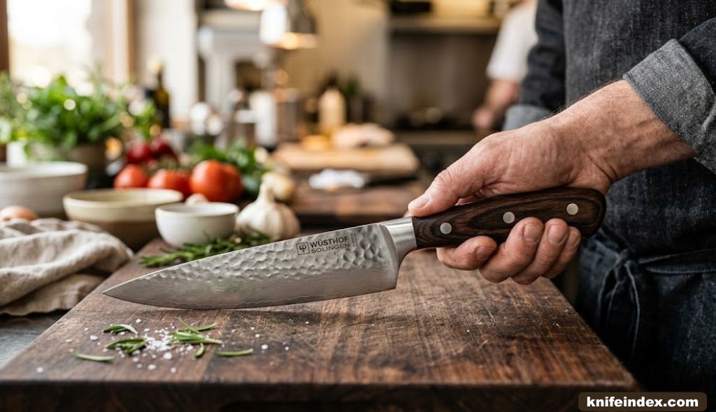 Close up of a chef knife blade and handle