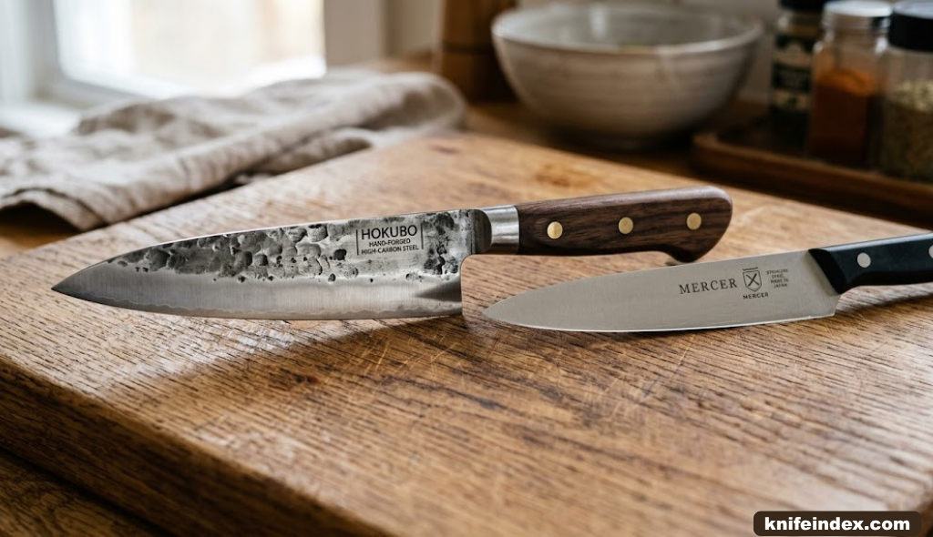 Close-up of a forged chef's knife blade next to a stamped kitchen knife on a wooden cutting board