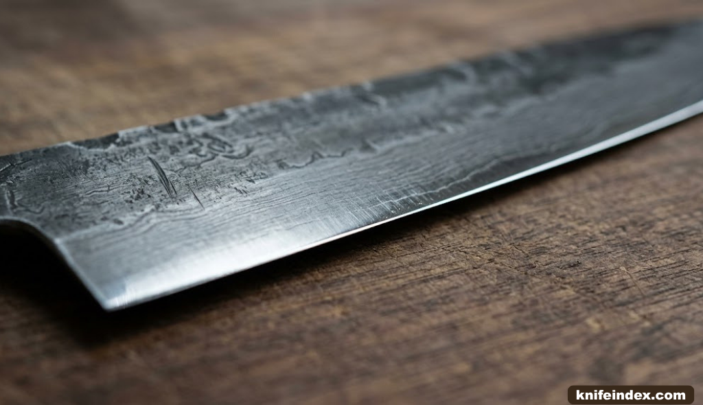 Close up of a sharpened knife edge showing steel grain