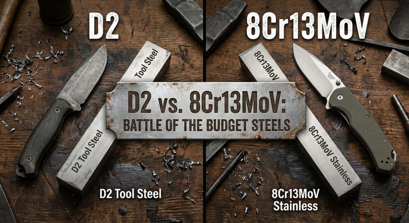 Work knife on wooden table comparing steels