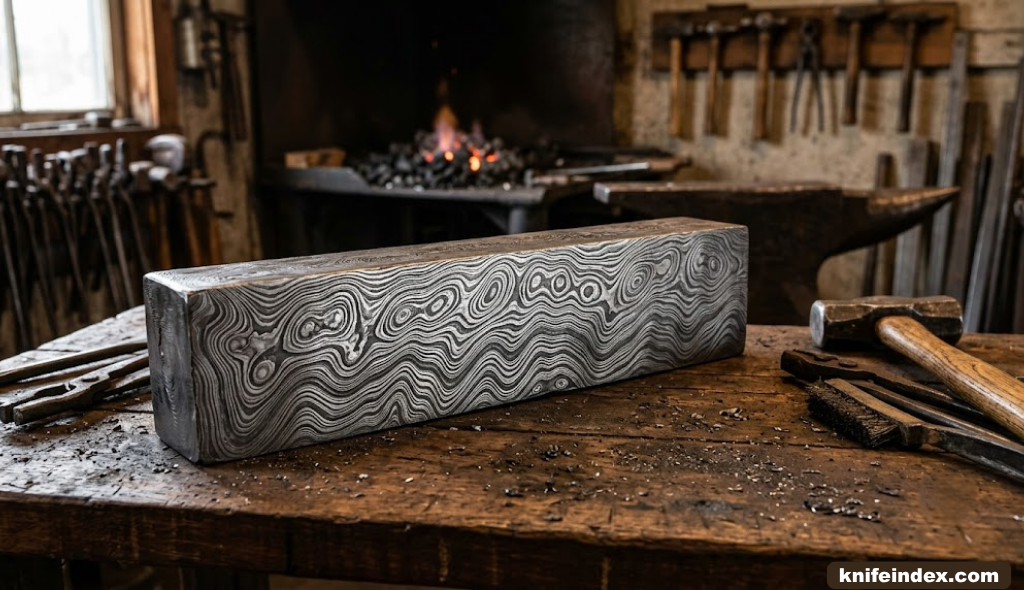 Damascus steel billet showing rippling wavy pattern