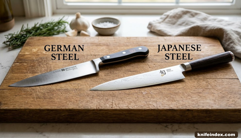 German steel and Japanese steel kitchen knives side by side on a wooden cutting board
