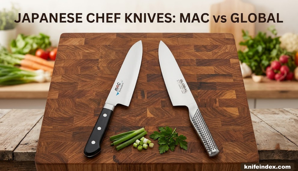 MAC and Global Japanese chef knives side by side on a wooden cutting board