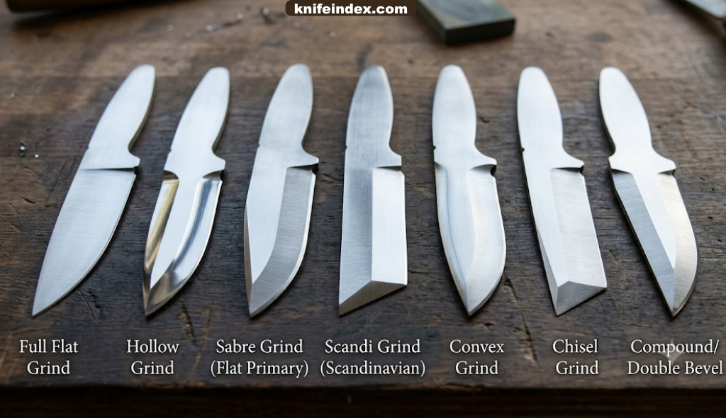 Multiple knife blades laid side by side showing different grind profiles