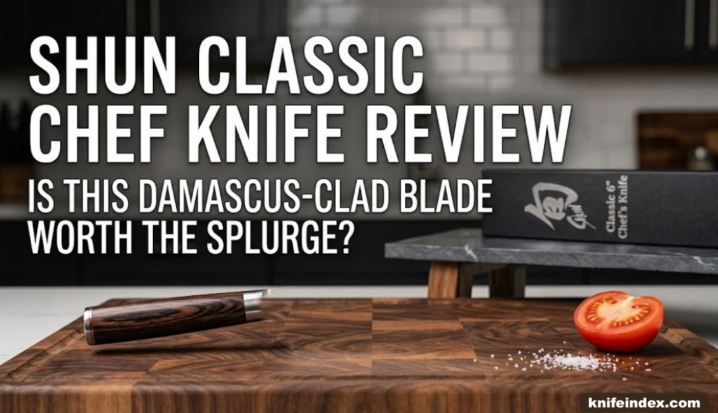 Shun Classic chef knife on a wooden cutting board
