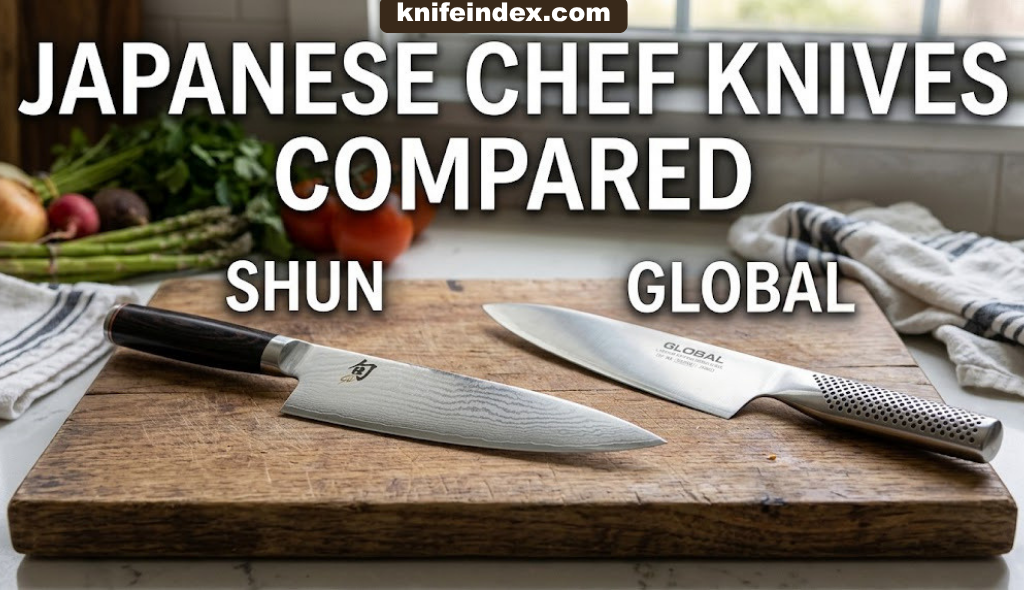 Shun and Global Japanese chef knives compared side by side on a wooden cutting board
