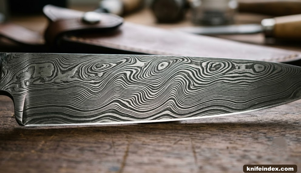 Close up of layered Damascus steel pattern on a blade